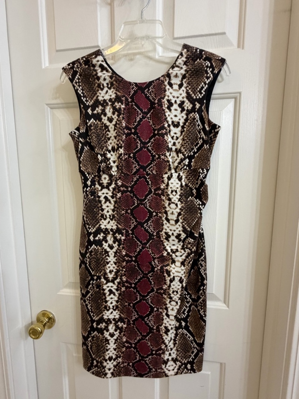 Calvin Klein Sleeveless Snake-Print Sheath Dress in Brown, Burgundy and Cream